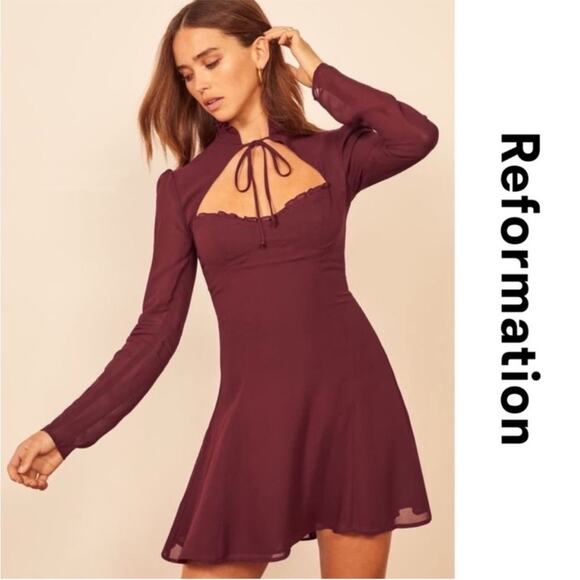 Reformation Dresses & Skirts - NWT Reformation Vivianne Maroon Sweetheart Tie Neck Long Sleeve Mini Dress 8